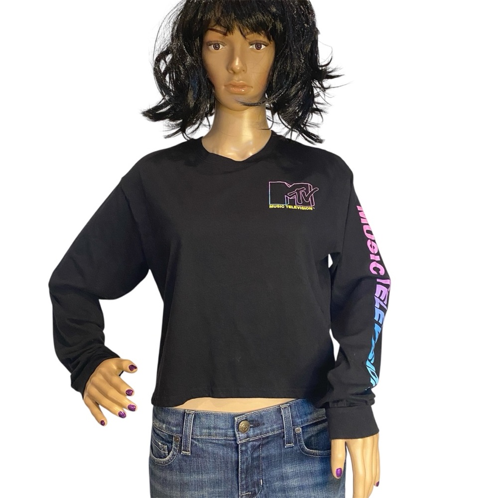 MTV Music Television Long Sleeved Cropped Tee Shirt T-Shirt Black Size Large EUC